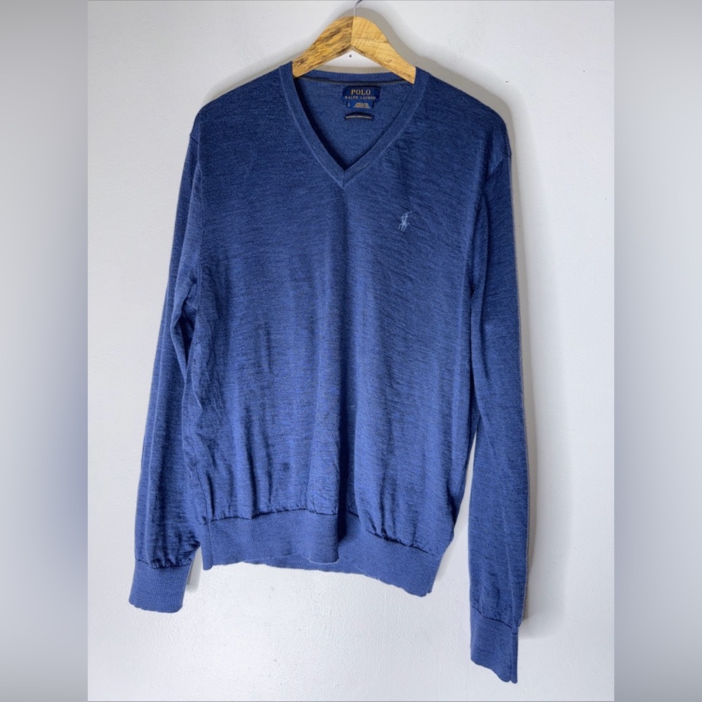 Polo Ralph Lauren‎ Blue V Neck Merino Wool Sweater Large